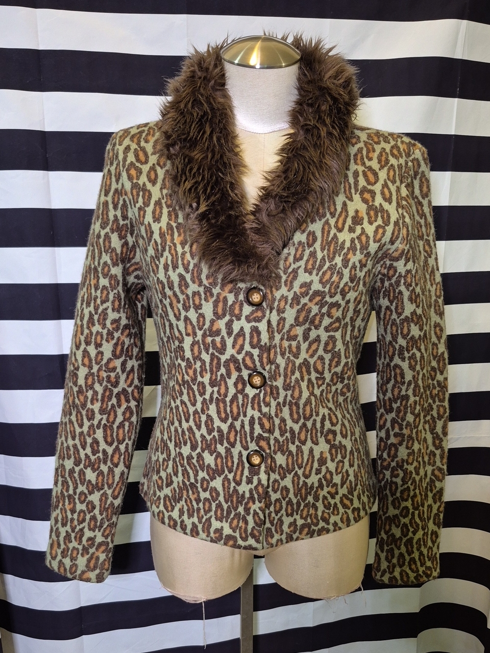 Vintage Faux Fur Trim Leopard Print Blazer Jacket -